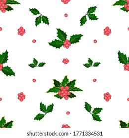 Winter seamless vector pattern with holly berries. Christmas background. Can be used for wallpaper, pattern fills, surface textures, fabric prints. Vector, Isolated, white background