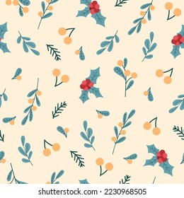 Winter seamless vector pattern with holly berries, winter leaves