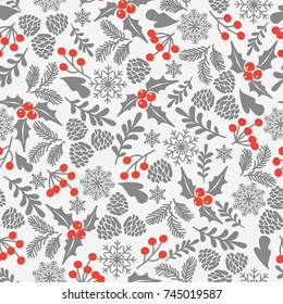 Winter seamless vector pattern with holly berries. Part of Christmas backgrounds collection. Can be used for wallpaper, pattern fills, surface textures,  fabric prints.