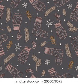 Winternahtlose Vektorgrafik mit Fingern und Socken. Vintage Weihnachten Thema Textur. Rund handgezeichneter Kunsthintergrund für Umhüllung von Papier, Textil, Druck, Geschenk, Verpackung, Karte, Stoff, Tapete.