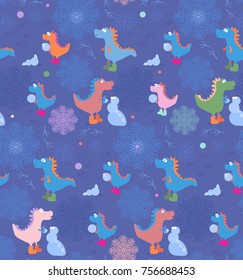 Winter seamless vector pattern with multicorored Dragons and hand drawn snowflake