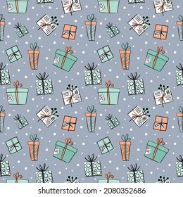 Winter seamless vector pattern with new year elements. Part of Christmas backgrounds collection. Can be used for wallpaper, pattern fills, surface textures, fabric prints.

