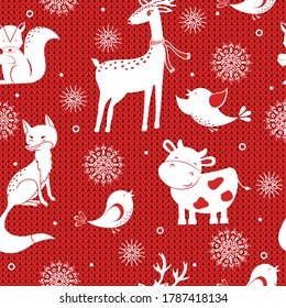 Winter seamless vector pattern with snowflakes, deer, fox, bird and cow on knitted background. Can be used for wallpaper, pattern fills, surface textures, fabric prints.