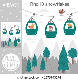 Winter searching game for children with mountains, forest, trees, animals in funicular cable cars. Cute funny smiling characters. Find hidden snowflakes