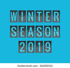 WINTER SEASON 2019, vector scoreboard, departure board for seasonal promotions, black and blue flip sign isolated on blue background