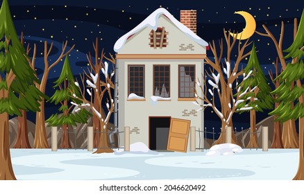 Winter season with abandoned house at night illustration