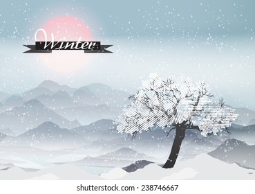 Winter Season with Abstract Tree - Vector Illustration