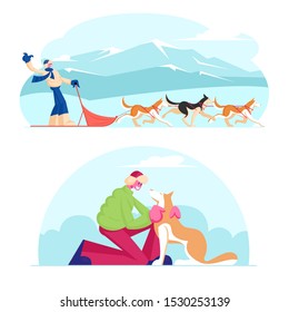 Winter Season Activities and Holidays Sport. Musher Riding Dog Sled Team Flying Gracefully Across Frozen Snowy Tundra Plain. Man Caress Pet at Winter Day Outdoors. Cartoon Flat Vector Illustration