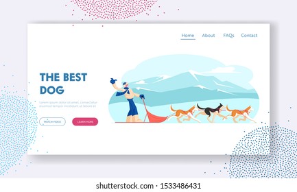 Winter Season Activities and Holidays Sport Website Landing Page. Musher Riding Dog Sled Team Frozen across Snowy Tundra Plain Winter Day Outdoors Fun Web Page Banner. Cartoon Flat Vector Illustration