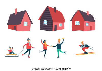Winter season activities and people set vector. Houses with chimney and windows. Couple skating, child riding sledges and person skiing from slope
