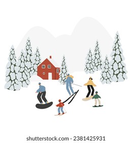 Winter season activities vector illustration with scenes of people skiing, snowboarding, ice skating, sledding, tubing, snovy mountain village Flat style image clipart, cartoon cabin clip art.