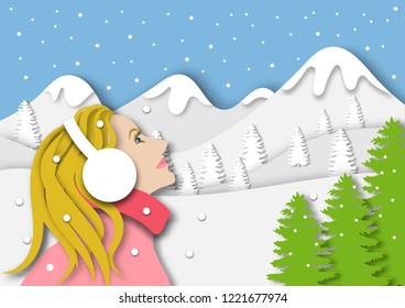 Winter season background with beautiful lady feeling relax in snow mountain background and paper art design vector and illustration
