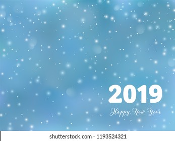 Winter season background with falling snow. Snowfall abstract texture. 2019 typography design. Happy New Year text, calligraphy. For calendars, holiday greeting cards, banners, Christmas party posters