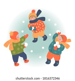 Winter season background kids characters. Flat vector illustration. Winter outdoor activities. Children  have fun.