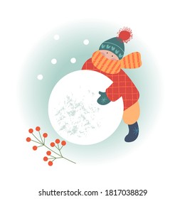 Winter season background kids characters. Flat vector illustration. Winter outdoor activities. Children  have fun.