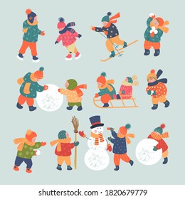 Winter season background kids characters. Flat vector illustration. Winter outdoor activities. Children  have fun.