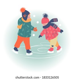 Winter season background kids characters. Flat vector illustration. Winter outdoor activities. Children  have fun.