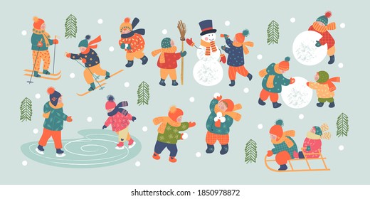 Winter season background kids characters. Flat vector illustration. Winter outdoor activities. Children  have fun.