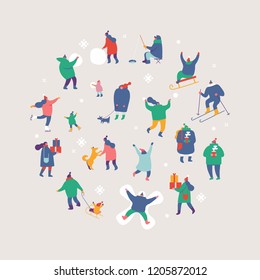 Winter season background people character vector set. Winter outdoor activities.
Flat vector illustration isolated on white.
