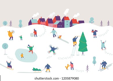 Winter Season Background People Characters. Winter Outdoor Activities. People Have Fun. Flat Vector Illustration.