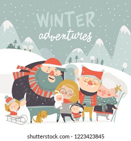 Winter season background people characters. Winter outdoor activities. People have fun