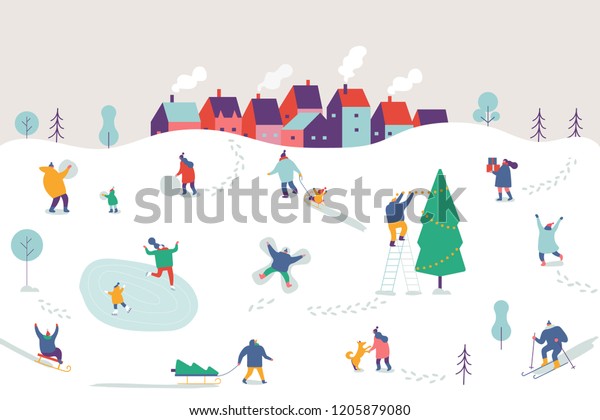 Winter season\
background people characters. Winter outdoor activities. People\
have fun. Flat vector\
illustration.