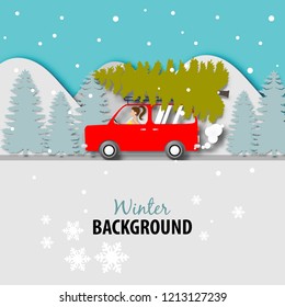 Winter season background with red van car and paper art design vector and illustration