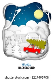 Winter season background with red van car and christmas tree paper art design vector and illustration