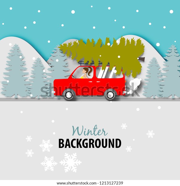 Winter season background with red van car\
and paper art design vector and\
illustration