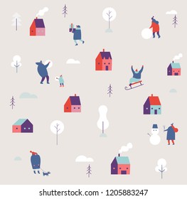 Winter season background simple people characters. Vector simple pattern on winter holiday season and Christmas. Flat vector illustration.