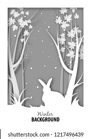 Winter season background with white rabbit in snow jungle and paper art design vector and illustration