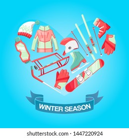 Winter season banner vector illustration. Equipment for winter sport such as sledge, snowboard, skates, skis and hockey stick. Pieces of clothing for cold weather hat, jacket and gloves.