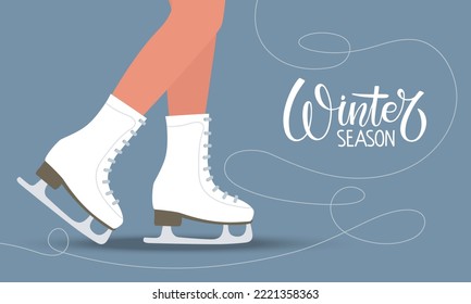 Winter season banner with Young girl wearing skate boots making move. Active lifestyle and health care. Flat cartoon vector illustration for advertising, web graphic. Winter Fun Sport Activities