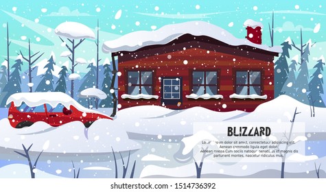 Winter Season Blizzard Warning. Car House Building in Forest Covered Snow Vector Illustration. Snowstorm Snowfall Weather. Dangerous Slippery Road Snowdrift Street. Natural Disaster