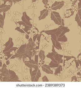 Winter season botanical seamless pattern. Poinsettia, sorbus berries, ilex, mistletoe background. Seasonal botany decorative illustration. Wrapping paper, textile, fabric design.