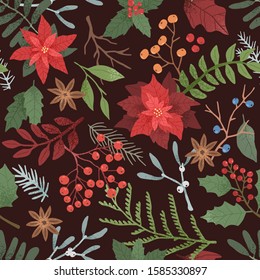 Winter season botanical vector seamless pattern. Poinsettia, sorbus berries, ilex, mistletoe on black background. Seasonal botany decorative backdrop. Wrapping paper, textile, fabric design.