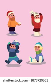 winter season boys and girls with warm clothes and snowball cartoon