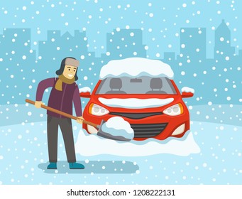 Winter season car driving. Man with shovel cleaning snow. Front view of car covered with snow. Flat vector illustration template.