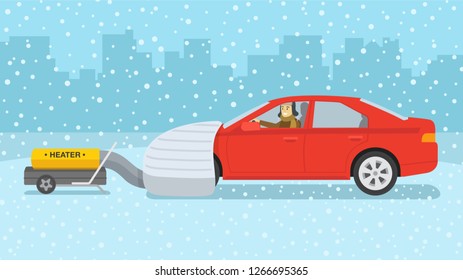 Winter season car driving tips and rules. Driver using forced air kerosene portable heater to start the engine. Flat vector illustration template.