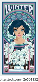 Winter season card with girl in style art deco, vector illustration