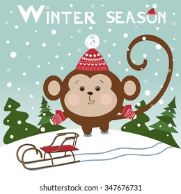 Winter season - card for Merry Christmas and Happy New year with monkey