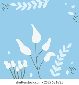 Winter season card template. Rustic banner decorated with scribble botanical elements on a light blue background. Social media post in naive style. Vector hand drawn illustration.