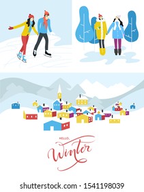 Winter season card templates - snowy city landscapes with cute characters. Flat vector illustrations.
