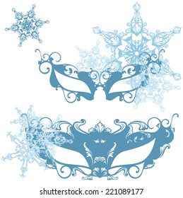 winter season carnival vector design set - elegant mask among snowflakes