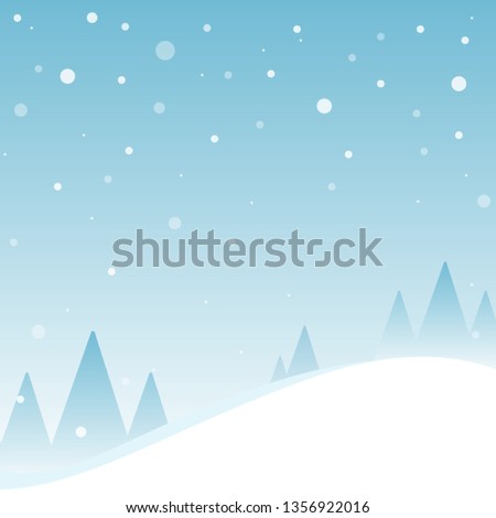 Winter season cartoon background vector illustration design. Falling snow,sky,mountain,tree landscape in December.