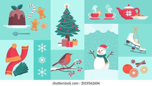 Winter season and Christmas celebrations icons set, winter holidays and lifestyle theme