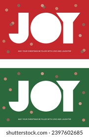 Winter season Christmas concept card design illustration. There is a glitter decoration pattern on a red and green background, and the word 'JOY' is written typographically.