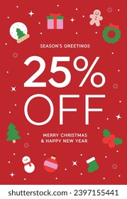 Winter season Christmas concept shopping sale event poster advertisement design. Background illustration of a combination of decoration, gift, snowman, rain boots, tree icons and snow pattern.