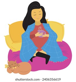 Winter season christmas girl sitting relax drinking coffee or tea on sofa vector illustration graphics
