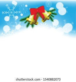 winter season or christmas greeting artwork decoration with twin bells, ribbon, snowflake object with shadow.